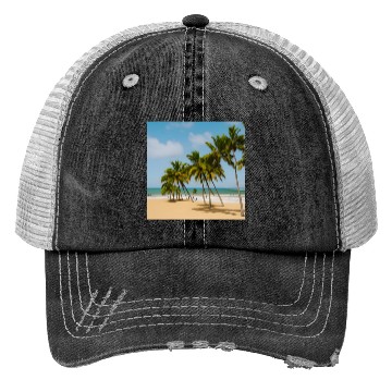 Discover Calm beach with palm trees Trucker Hats
