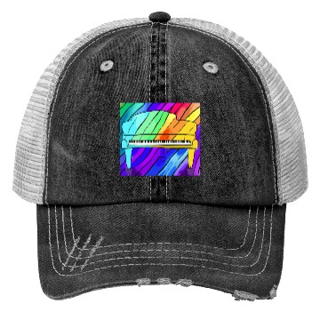 Discover piano in front of a colorful rainbow Trucker Hats