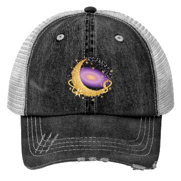 Discover glowing violet galaxy with moon and stars Trucker Hats
