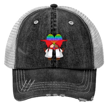 Discover Biracial Lesbian Gnome Valentine Couple Mixed LGBT Trucker Hats