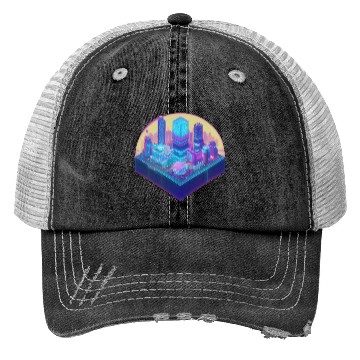 Discover Small City Block - Isometric Style - Retro Sunset Trucker Hats