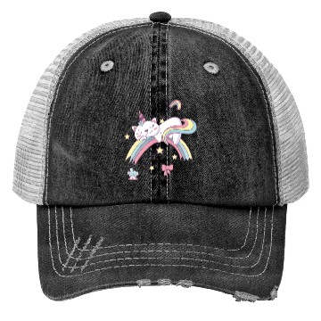 Discover Unicorn Kawaii Cat Cartoon Over Rainbow Trucker Hats