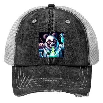 Discover Colorful chaos: a panda scientist's lab Trucker Hats
