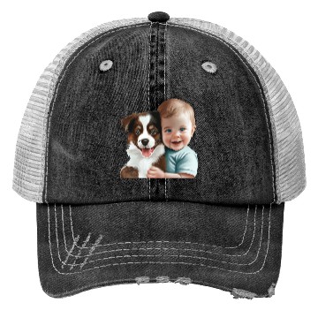 Discover Sweet baby smiling with lovely puppy Trucker Hats
