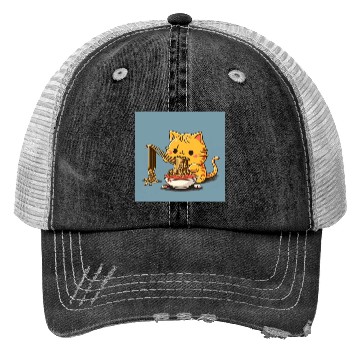 Discover Japanese cat eating spaghetti Trucker Hats