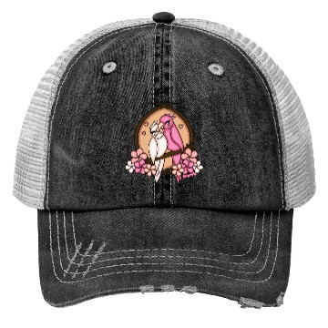 Discover Tiki Love Birds White Pink Trucker Hats