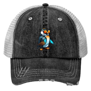 Discover Cool Winter Penguin with orange sunglasses Trucker Hats
