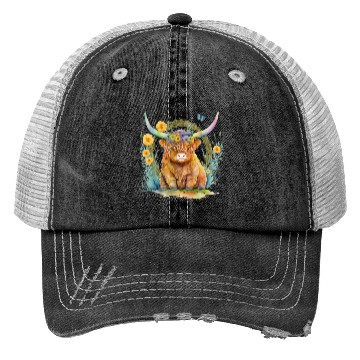 Discover Highland Cow With Colorful Flowers Trucker Hats