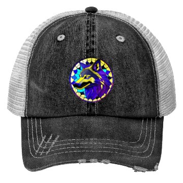 Discover Moonlit Majesty The Art of Stained Glass Wolves Trucker Hats