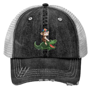 Discover Funny monkey on crocodile design Trucker Hats