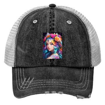 Discover Spring Girl with a bouqet of flowers garland #8 Trucker Hats