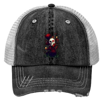 Discover Radiant Decay A Skull Surrounded by Red Flowers Trucker Hats