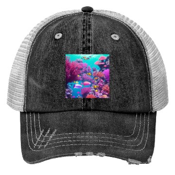Discover Viral magenta coral reef with tropical fish Trucker Hats