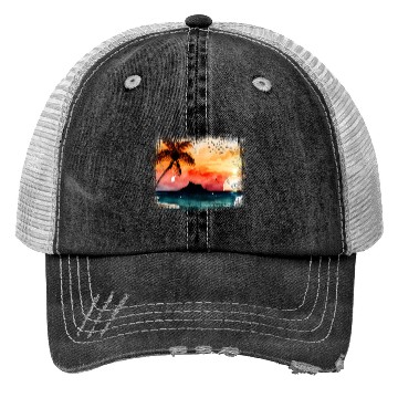 Discover Beach Sunset Watercolor Design Art 5 Trucker Hats