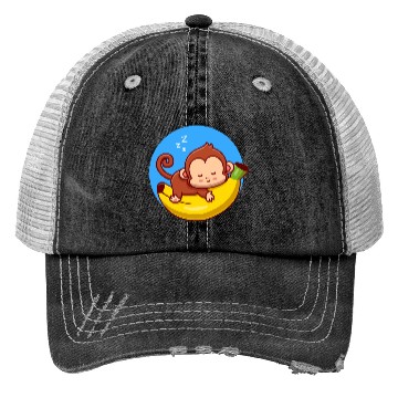 Discover Cute Monkey Sleeping On Banana Cartoon Trucker Hats