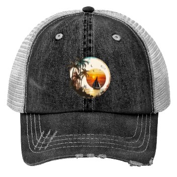 Discover Beach Sunset Sailboat Palm Trees Ocean Vacation 2 Trucker Hats