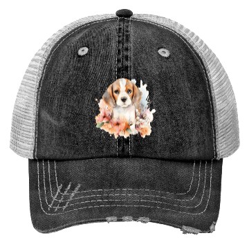 Discover Beagle Puppy Dog Watercolor Floral Trucker Hats