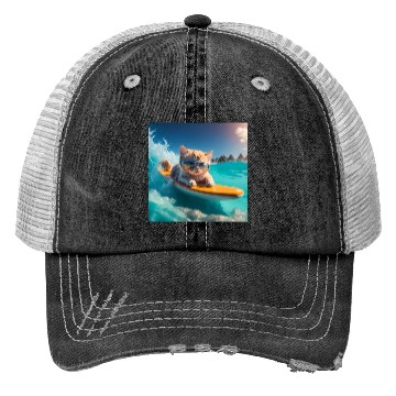 Discover A cute cat surfing in the blue water Trucker Hats