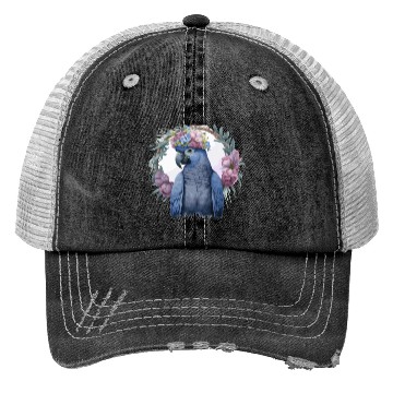 Discover Watercolor Hyacinth Macaw Parrot Bird Flower Crown Trucker Hats