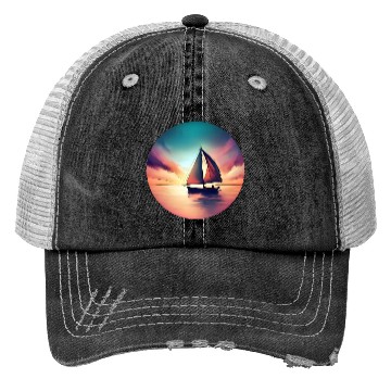 Discover Sailing Sailboat Dinghy Sunset Design Trucker Hats