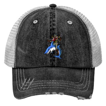 Discover Skeleton Pirate Sailor Riding Shark Ocean Fantasy Trucker Hats