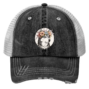 Discover Cute Siberian Husky Flower Crown Pet Dog Breed Flo Trucker Hats