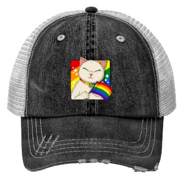 Discover Cute Cat Holding LGBTQ Pride Flag Trucker Hats