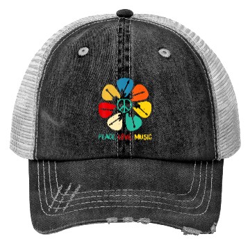 Discover Peace Love Music Guitar Flower Rock And Roll Trucker Hats
