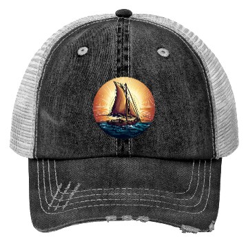 Discover Sailboat in Sunset Trucker Hats