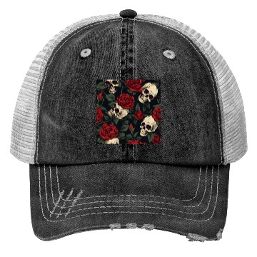 Discover Dark Elegant Goth Skulls & Red Roses Pattern Trucker Hats