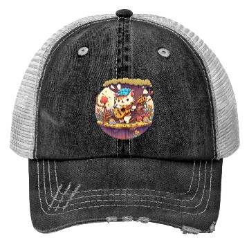 Discover Cute Kawaii Cat Playing Guitar Banjo On Log Trucker Hats