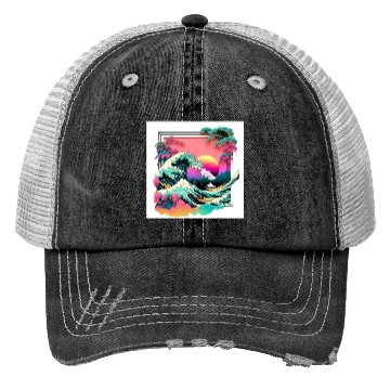 Discover Vaperwave Aesthetic Glitch Great Wave Retrowave Trucker Hats