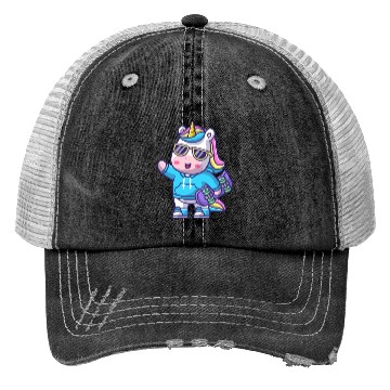 Discover cute cool unicorn holding skateboard cartoon Trucker Hats