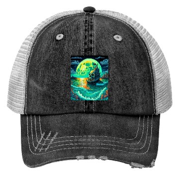 Discover Pirate Ship With A Skull At Full Moon Trucker Hats