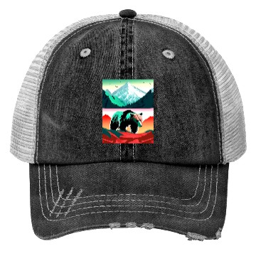 Discover Bear and Mountains Nature Art Trucker Hats