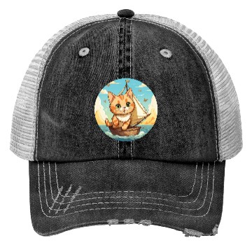 Discover Sailing Cat on Sailboat, Sunset Animal Design Trucker Hats