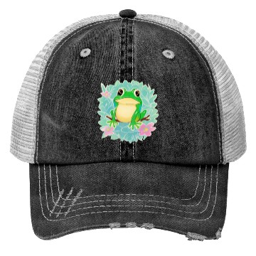 Discover Cute Little Tree Frog on a Floral background Trucker Hats