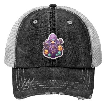 Discover Cute Cartoonish Necromancer Summoning Friends Trucker Hats