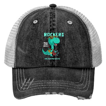 Discover ROCKERS MAKE SOME NOISE COOL BASS PLAYER DINO Trucker Hats