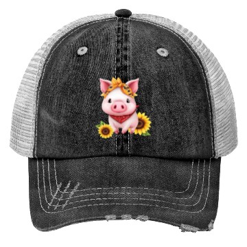 Discover Pig with Bandana and Sunflower, Charming Farm Trucker Hats