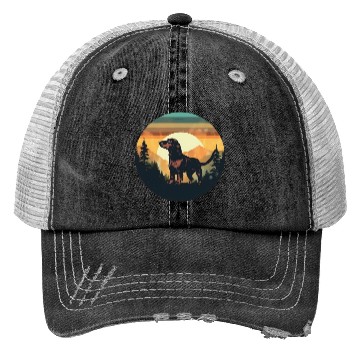 Discover Sunset Serenity: Vintage Dachshund Silhouette Trucker Hats