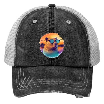 Discover Sunset Serenity: Rustic Capybara Stripe Illustrate Trucker Hats