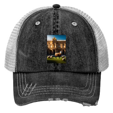 Discover sheep in baroque armor in front of palace made of Trucker Hats