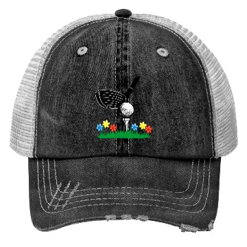 Discover Golf stick and ball on grass field with flowers Trucker Hats