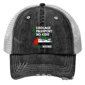 Discover Luggage Passport No Kids Dubai Bound Vacation Trucker Hats