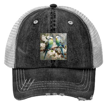 Discover Green and blue Parakeets with flowers Trucker Hats