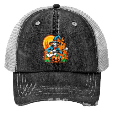 Discover Happy Halloween scarecrow plays guitar Trucker Hats