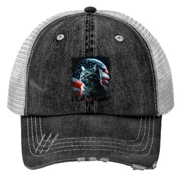 Discover America cat under Moon with American Flag Trucker Hats