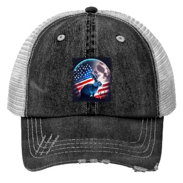 Discover America rabbit under Moon with American Flag Trucker Hats
