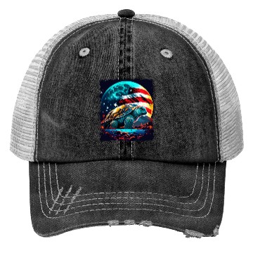 Discover America turtle under Moon with American Flag Trucker Hats
